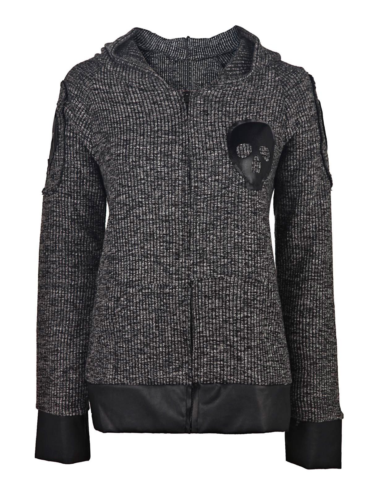 Faux Leather Spliced Skull Printed Zip Up Hoodie For Women