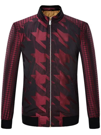 Zip Up Houndstooth Pattern Long Sleeve Padded Jacket