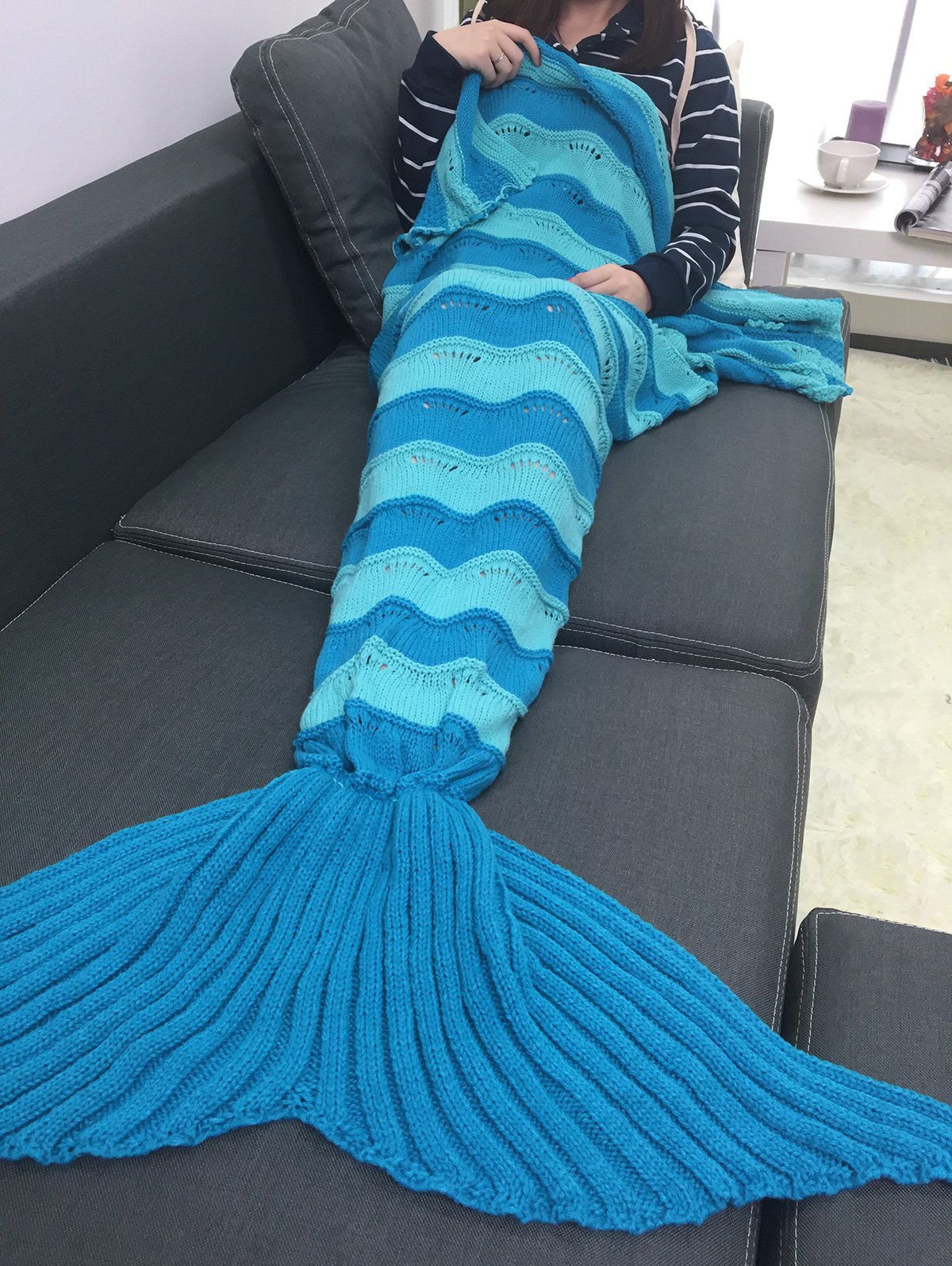 Warmth Stripe Pattern Knitting Mermaid Tail Blanket