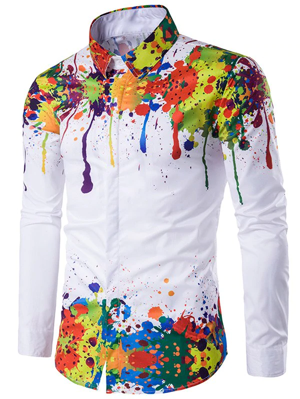 Turndown Collar Colorful Splatter Paint Pattern Long Sleeve Shir