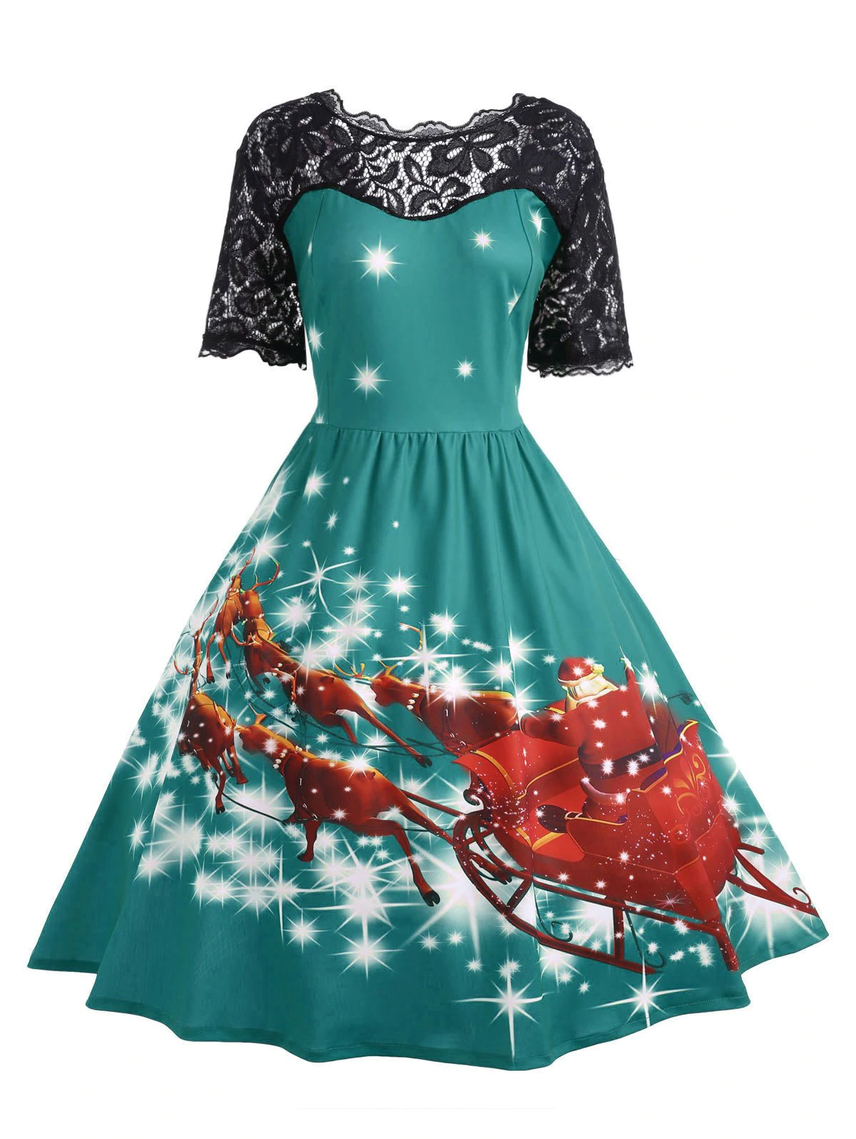 Plus Size Lace Panel Father Christmas Midi Party Dress