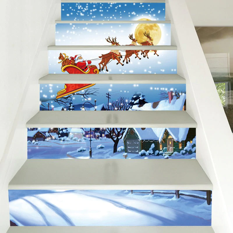 Christmas Snowy Night Santa Pattern Stair Stickers