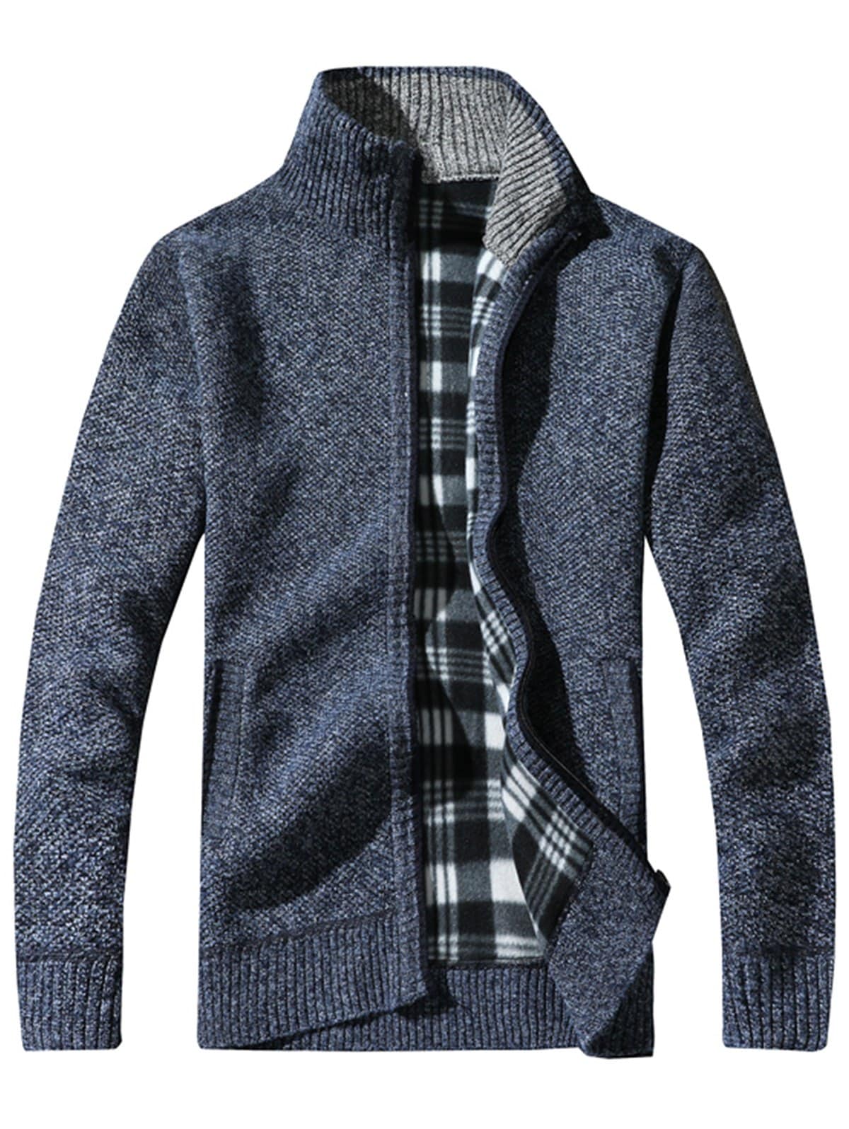 Tartan Fleece Lining Zip Up Knit Blends Jacket