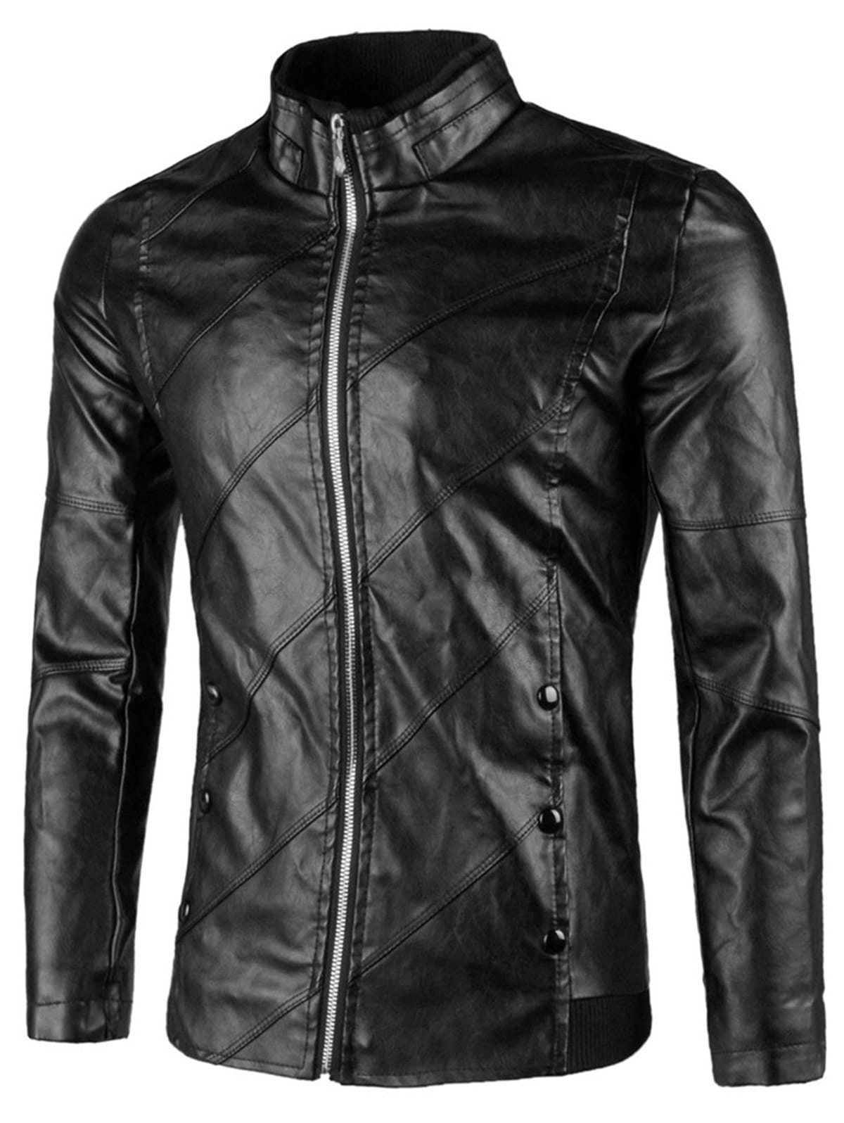 Flap Button Embellished Zip Up Faux Leather Jacket