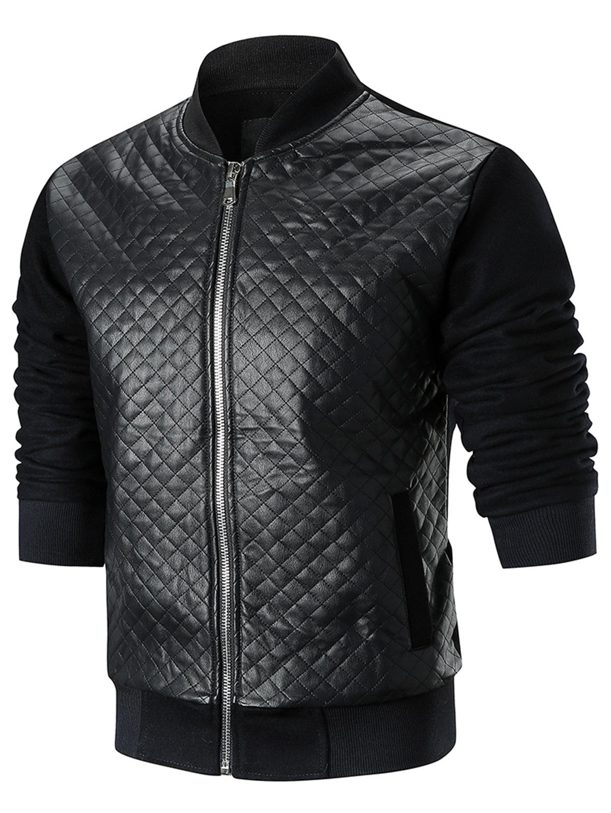 Stand Collar Checker Faux Leather Jacket