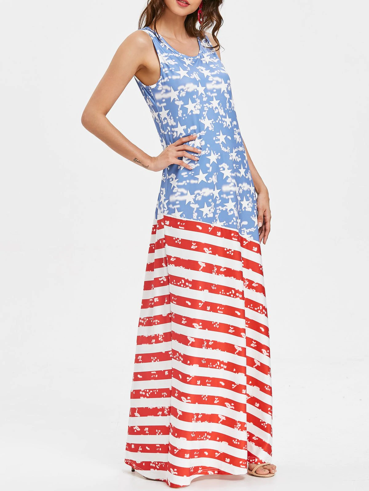 Scoop Neck Patriotic American Flag Maxi Dress