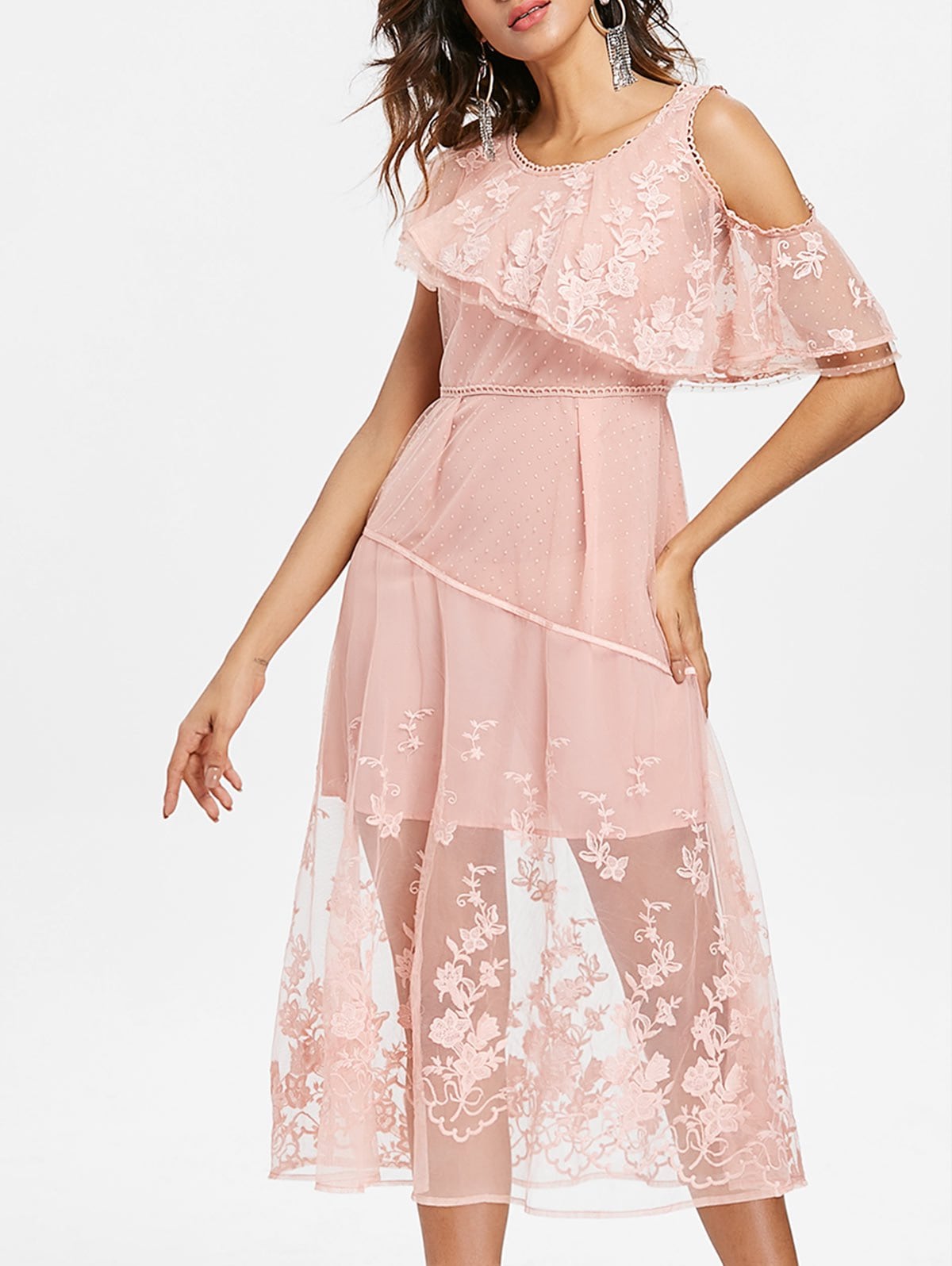 Embroidered Sheer Lace Midi Dress