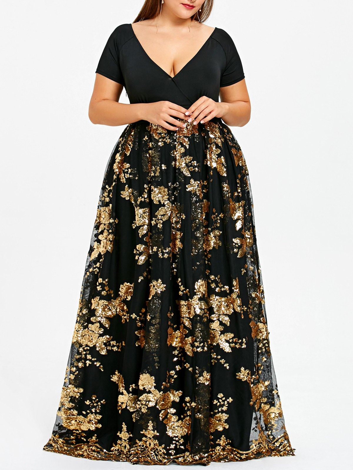 Plus Size Sparkly Sequined Floral Maxi Formal Dress