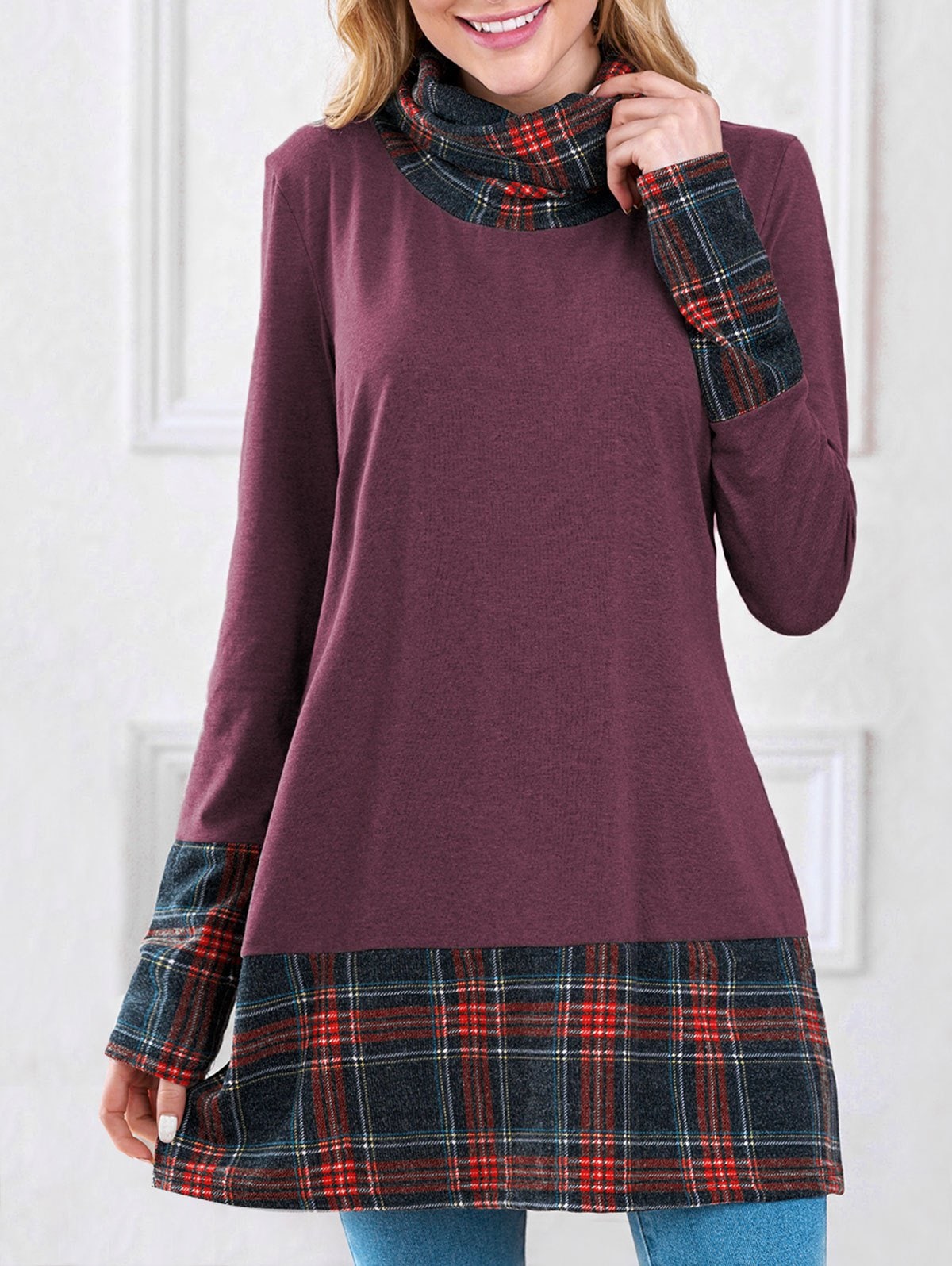 Long Sleeve Plaid Insert Sweatshirt