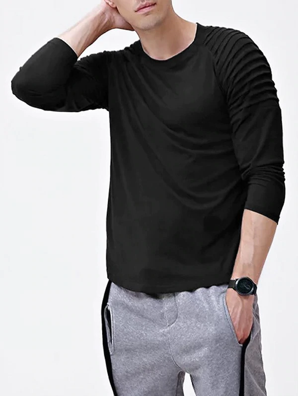 Solid Color Patch Detail Pleated Long Sleeve T-shirt