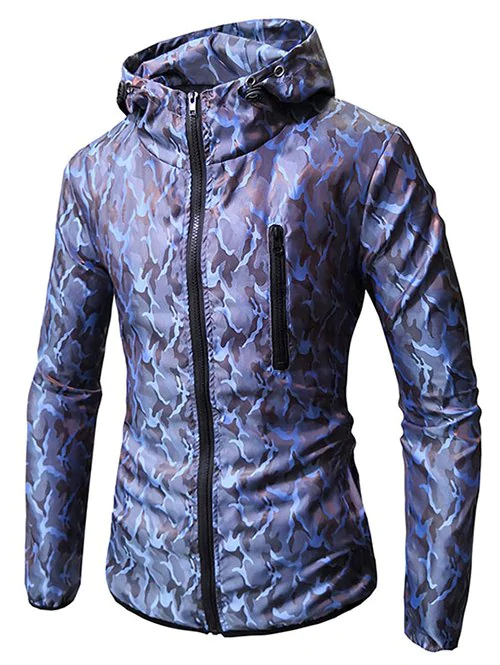 Zip Embellished Camo Print Hooded Jacket