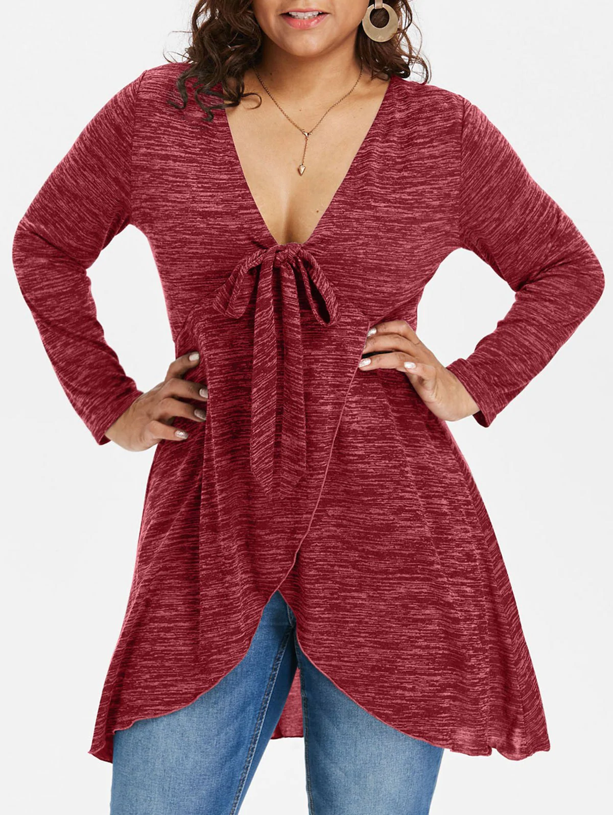 Plus Size Deep V Neck Long Sleeve T-shirt