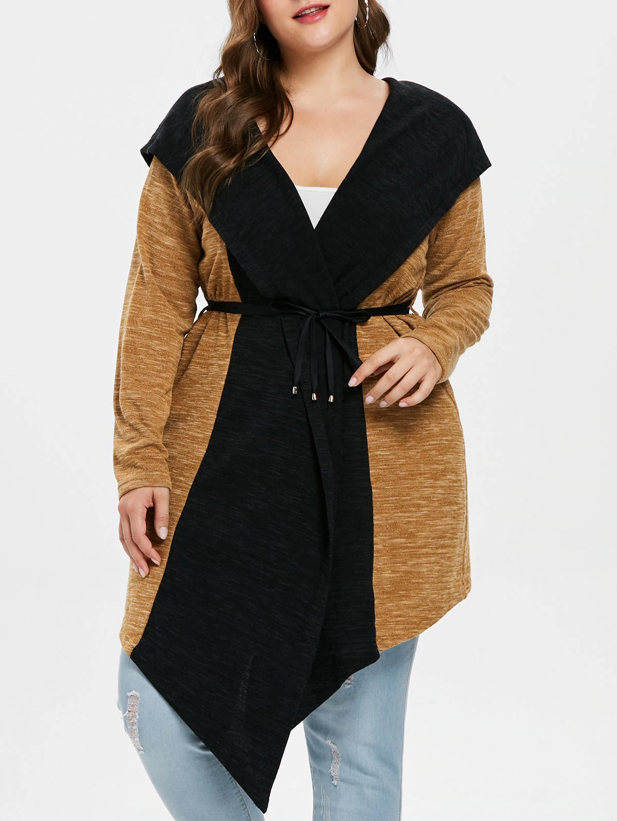 Plus Size Two Tone Hooded Coat