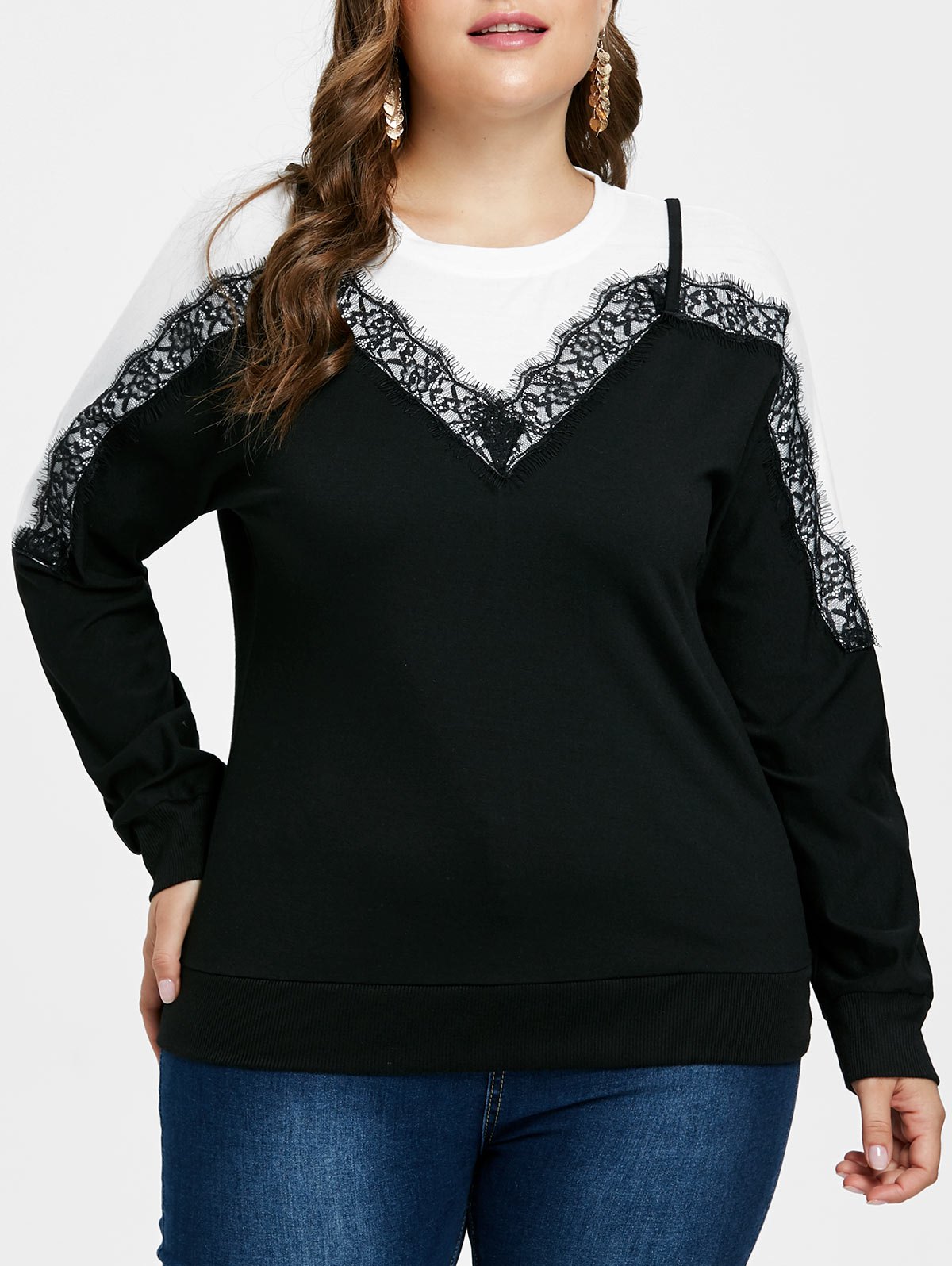 Plus Size Lace Two Tone Sweatshirt