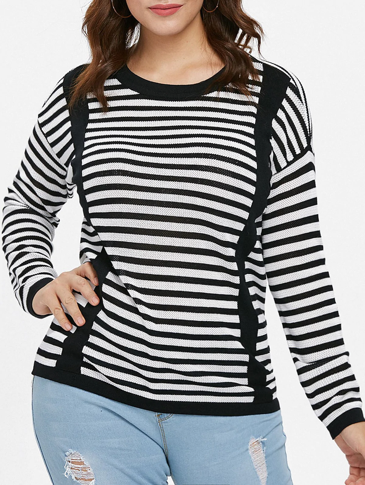 Plus Size Long Sleeve Striped Sweater