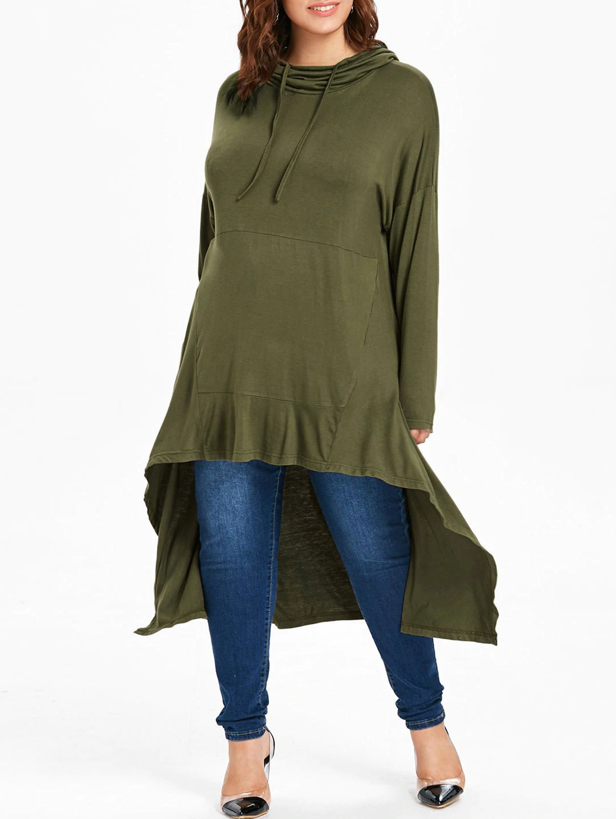 Plus Size Drawstring High Low Long Hoodie