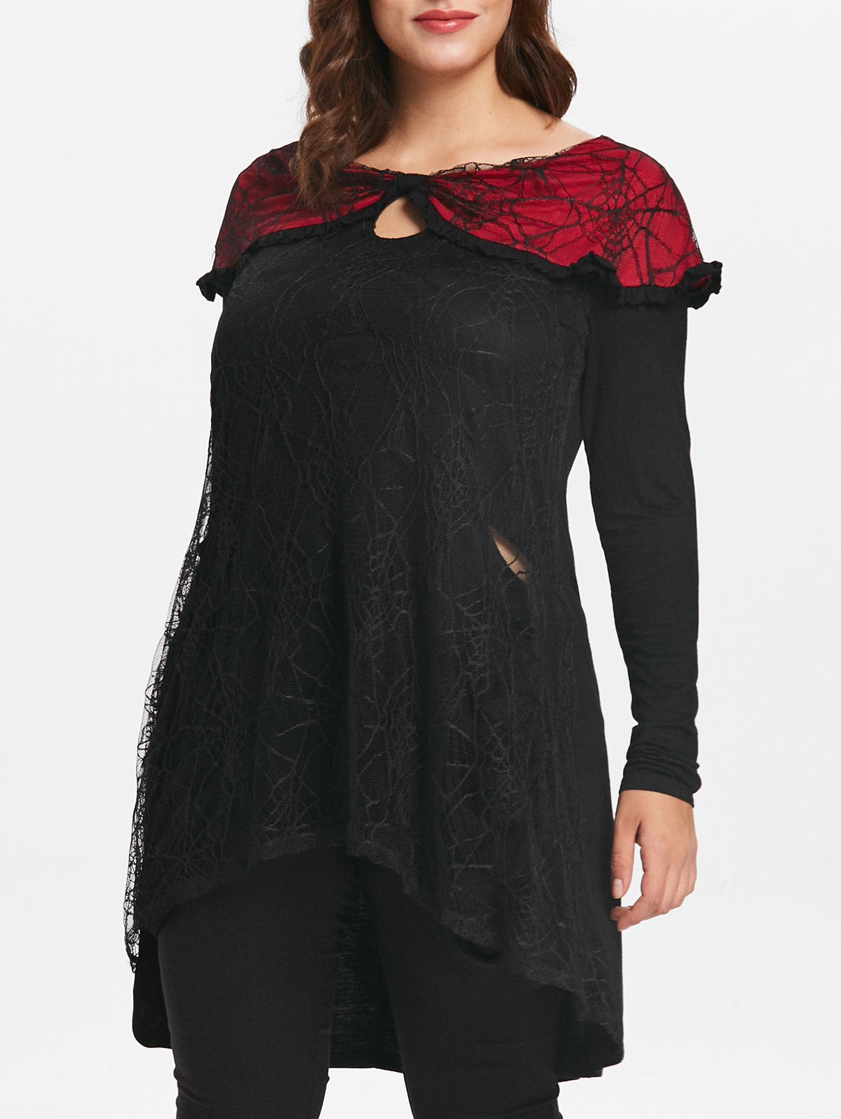 Plus Size Halloween Lace Insert Tunic Keyhole Top