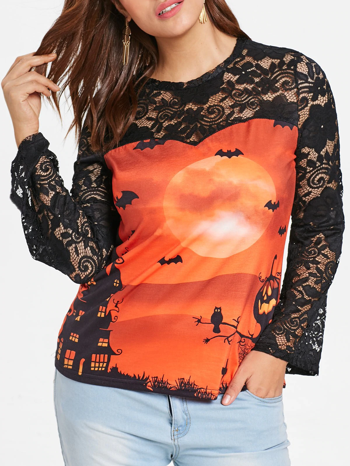 alloween Plus Size Lace Panel Bat Print T-shirt