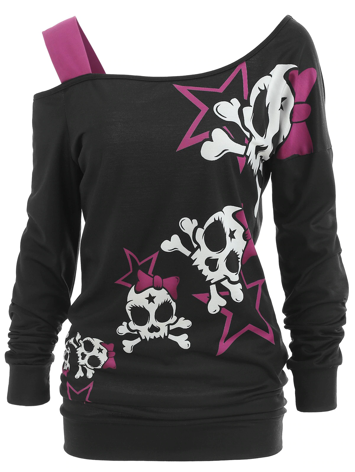 Skulls Print Skew Neck Sweatshirt