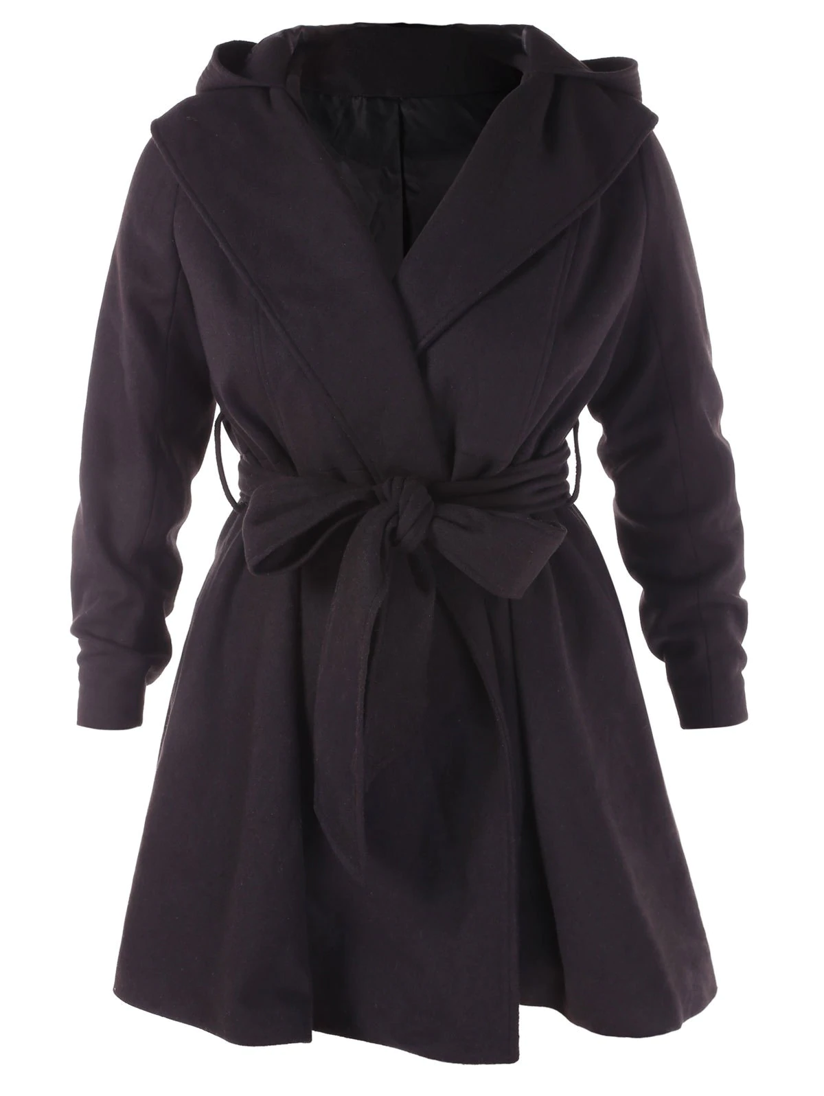 Plus Size Hooded Belt Wool Coat