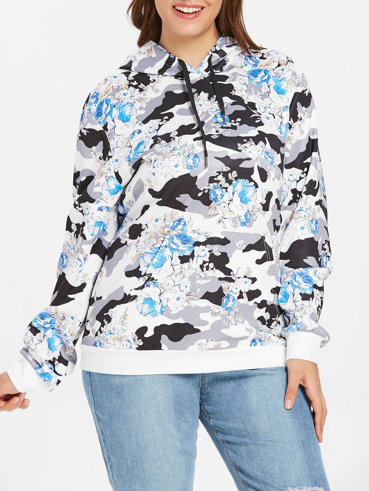 Plus Size Kangaroo Pocket Flower Camo Hoodie