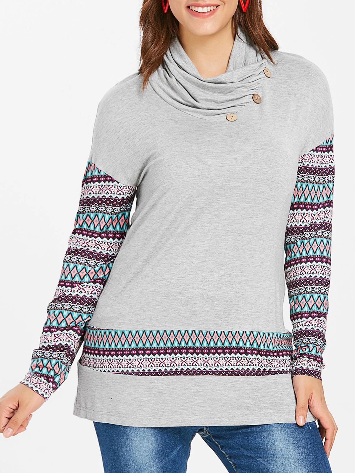 Plus Size Geometric Cowl Neck Sweatshirt