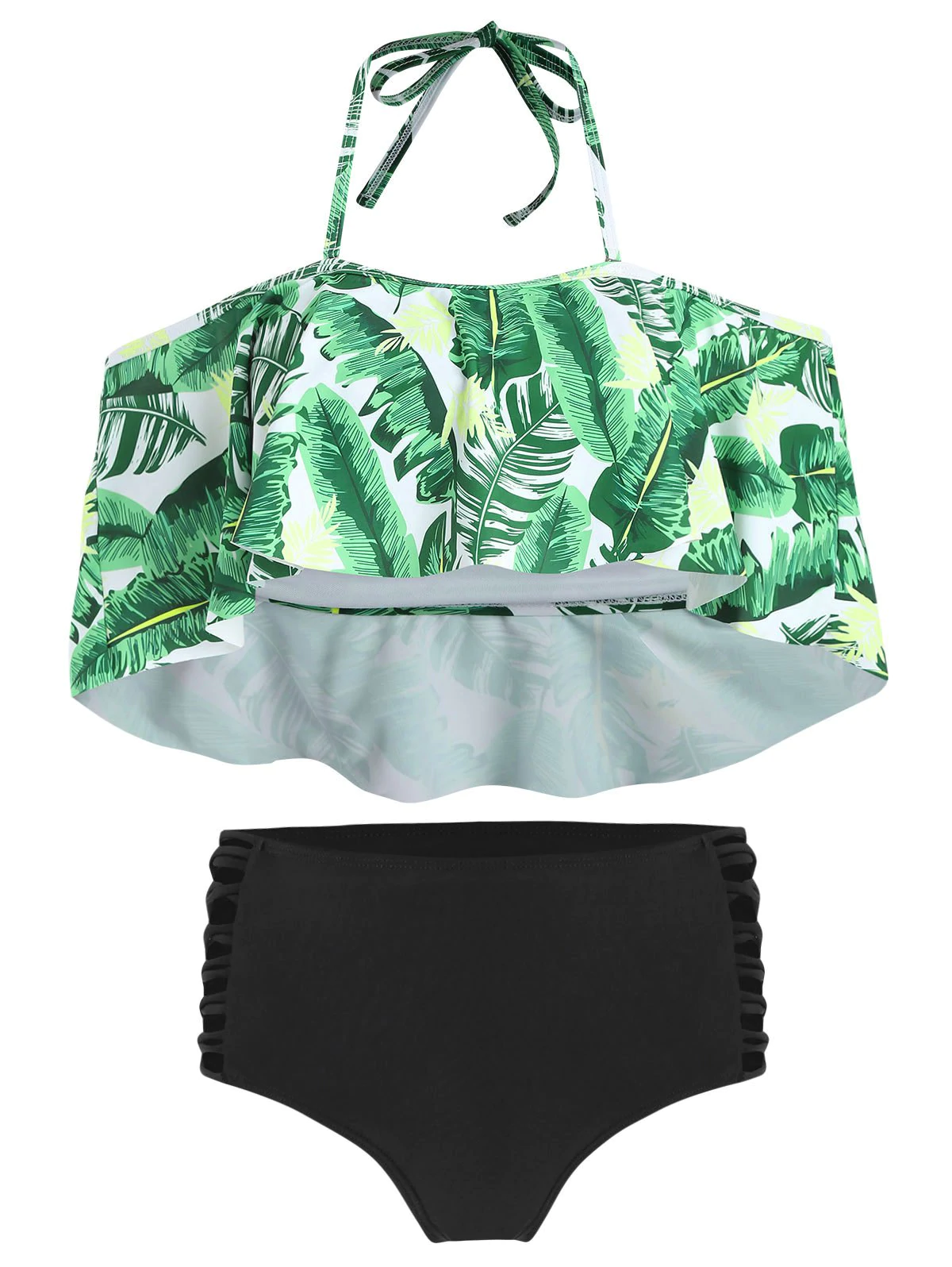 Halter Tropical Print Cut Out High Waist Bikini Set