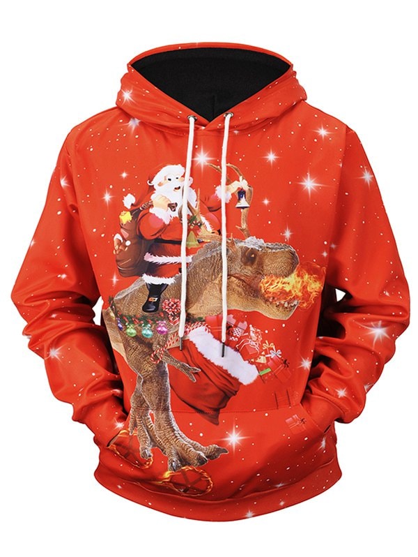 Santa Claus Dinosaur Print Drawstring Hoodie