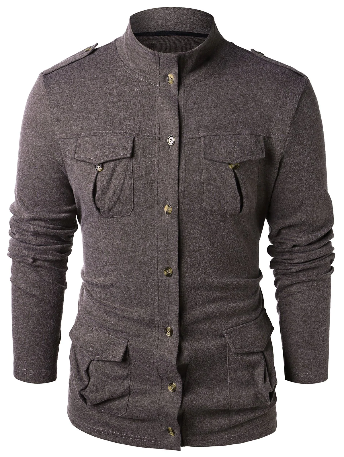 Epaulet Design Button Up Stand Collar Sweater