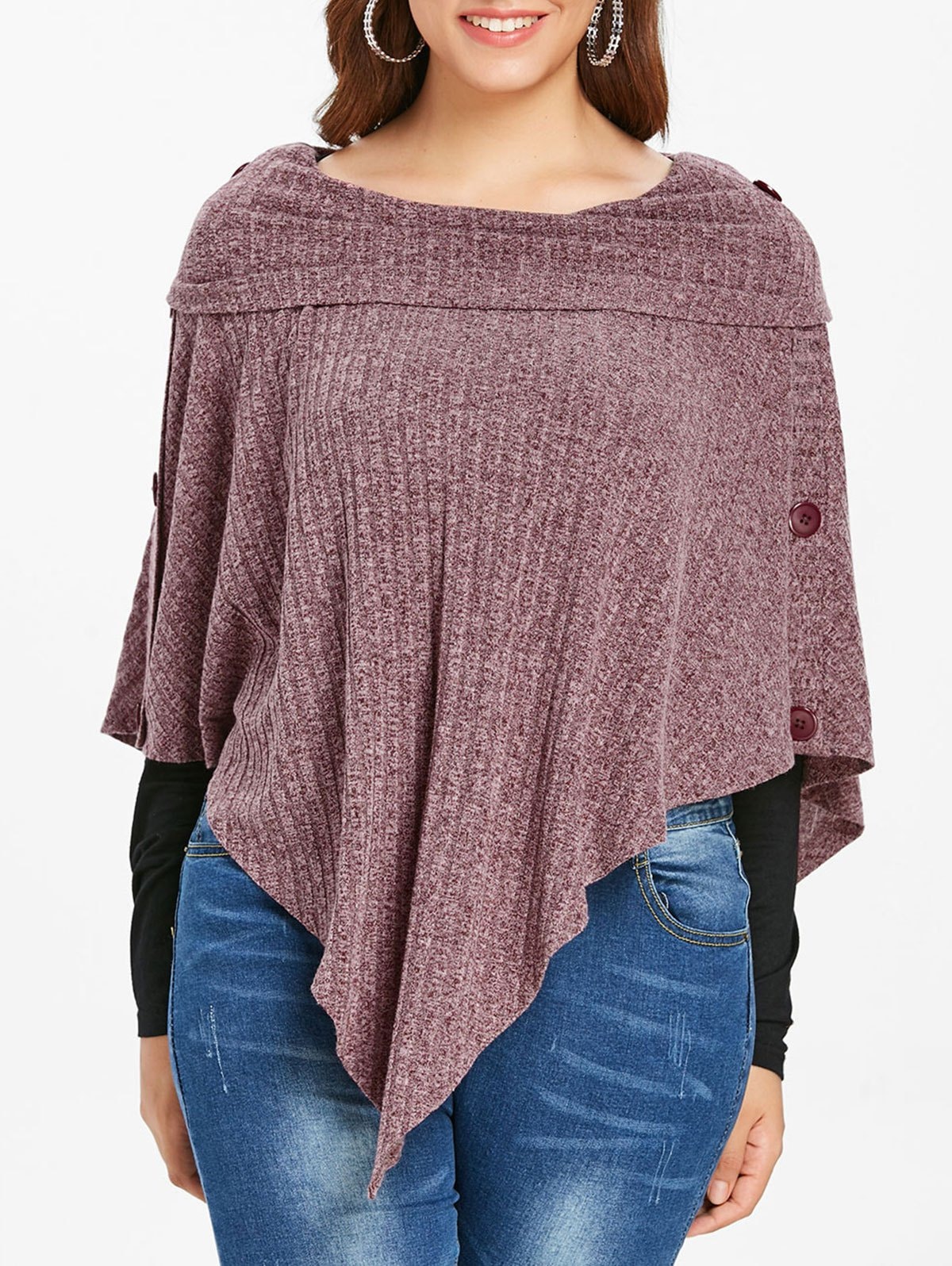 Plus Size Ribbed Buttons Knit Cape with T-shirt