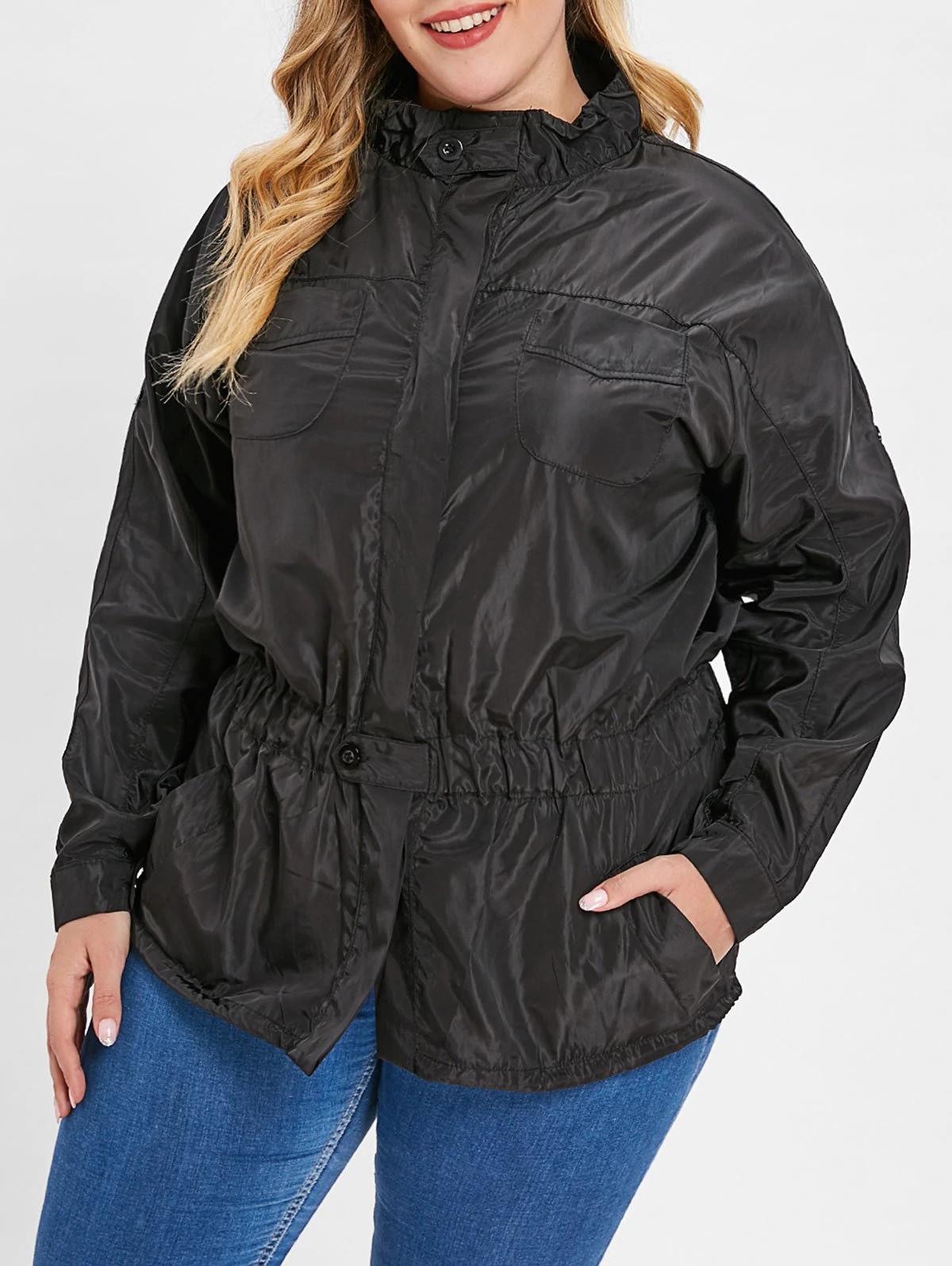 Drawstring Waist Windbreaker Jacket