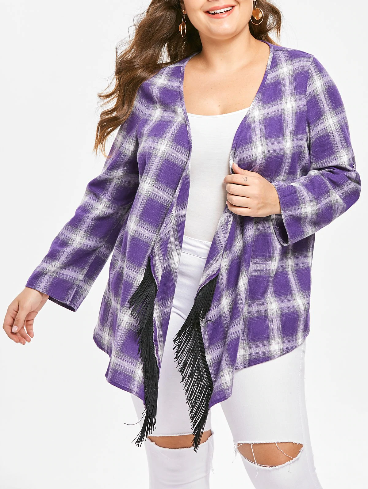 Plus Size Open Front Fringed Plaid Coat