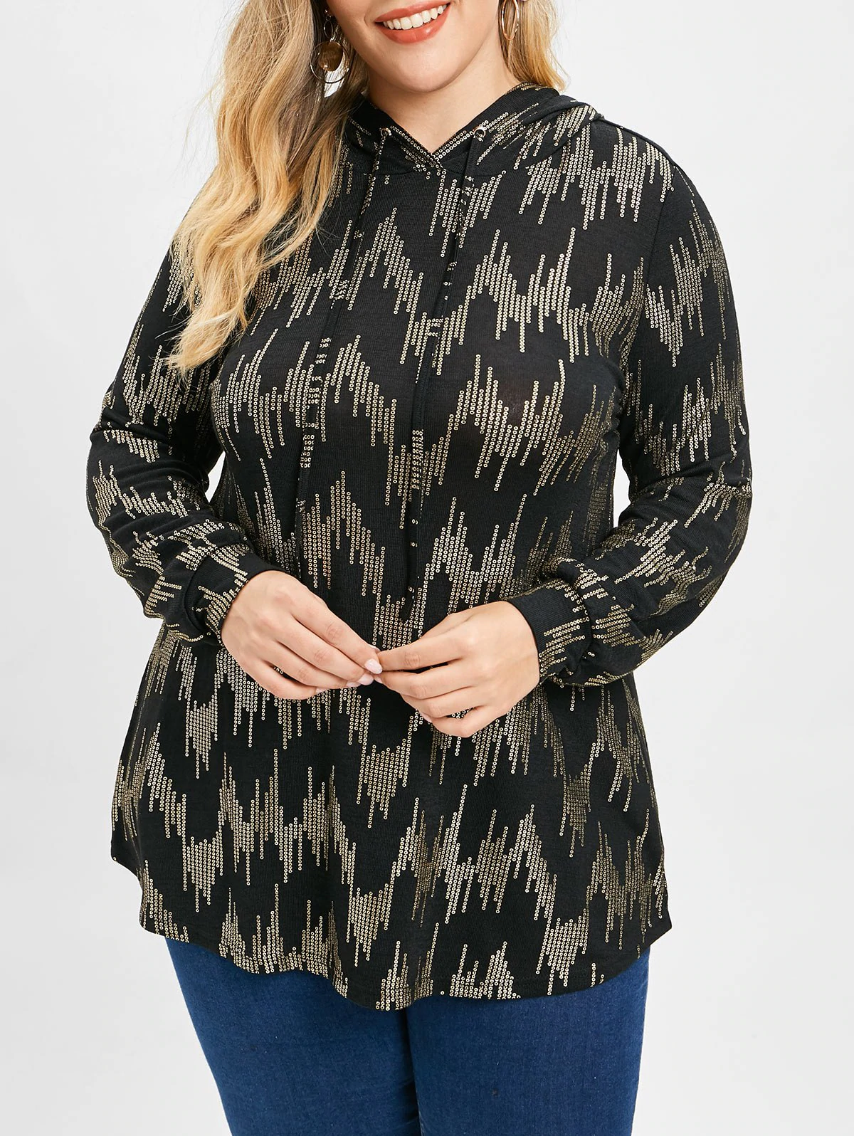 Long Sleeve Plus Size Sequin Print Hoodie