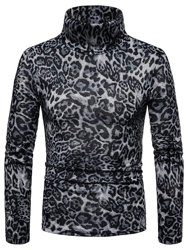 Q141 Men Plus Velvet Warm High Collar Leopard Long Sleeve Bottom