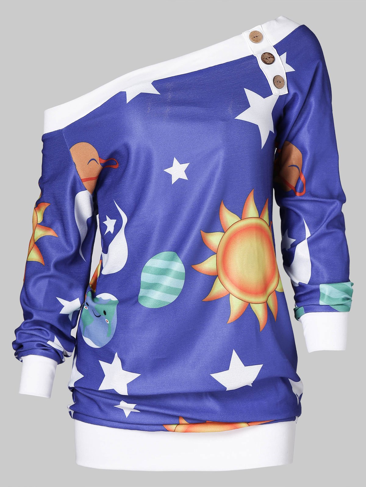 Skew Neck Sun Stars Print Graphic Sweatshirt