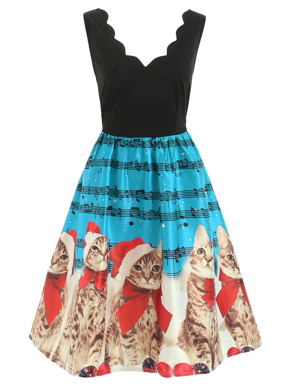 Christmas Cats Musical Notes Print Sleeveless Dress