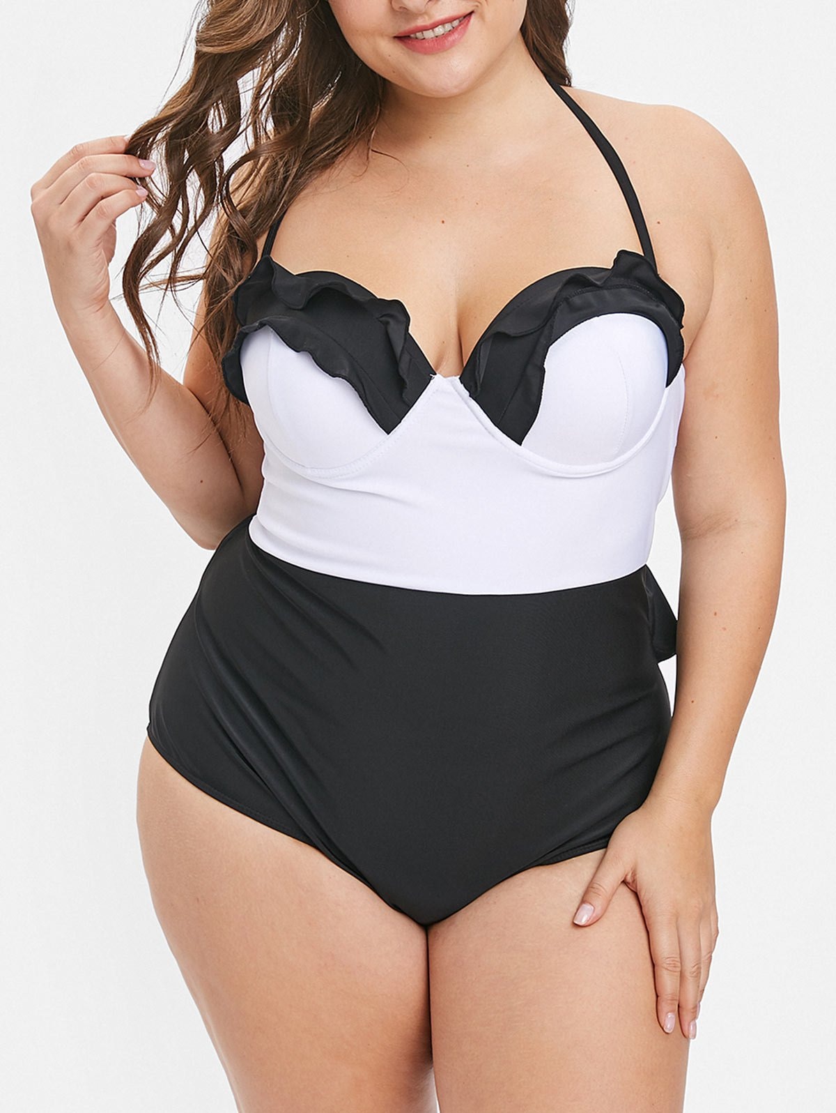 Plus Size Color Block Ruffle Trim Swimwear