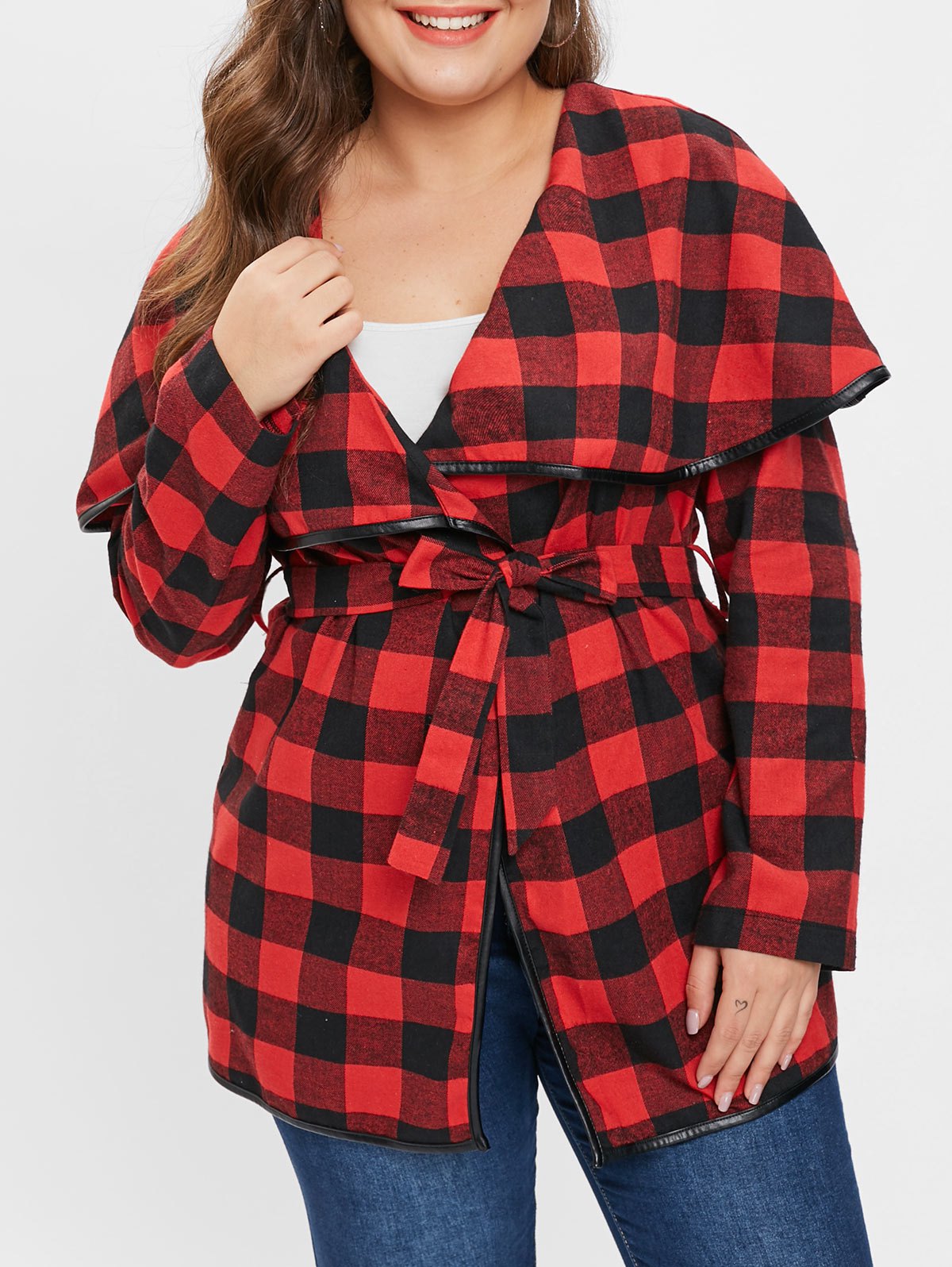 Plus Size Turn Down Collar Plaid Coat