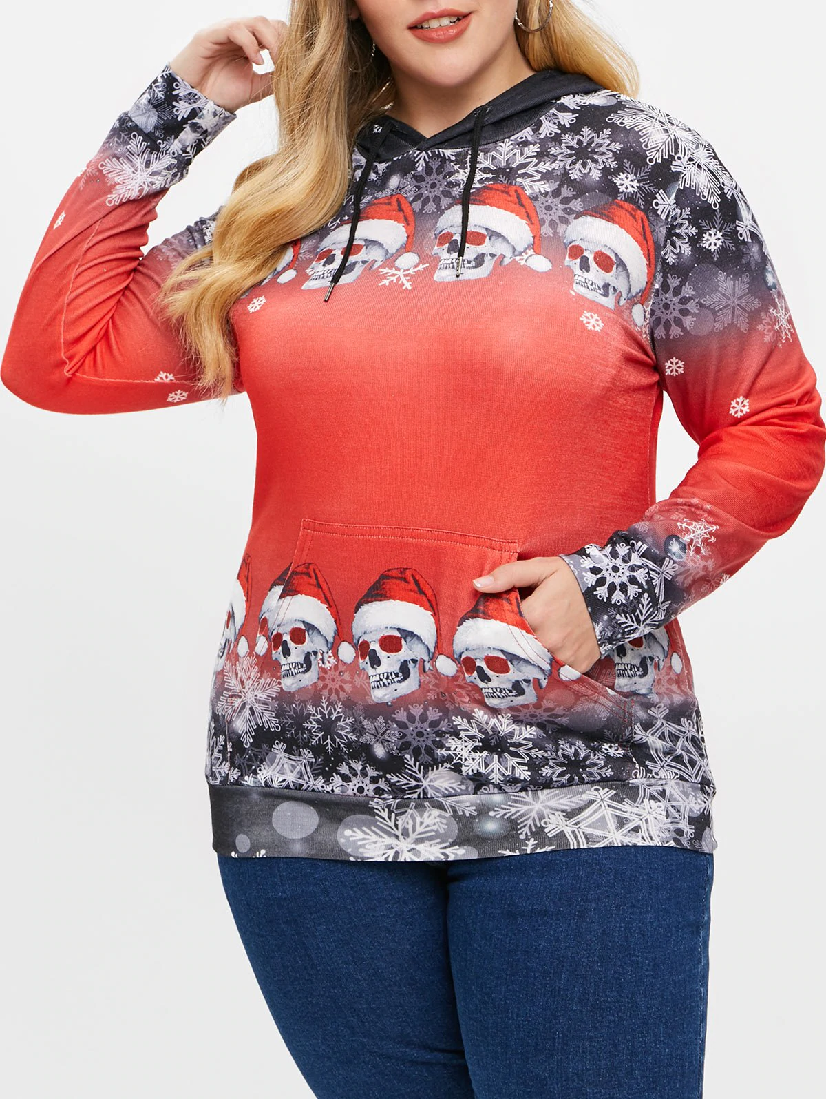 Plus Size Christmas Skulls Snowflake Pullover Hoodie