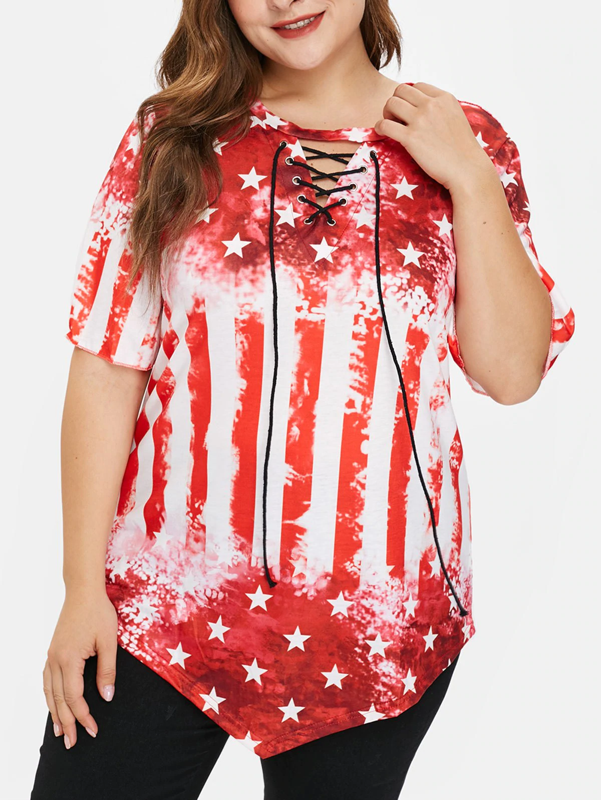 Plus Size Lace Up American Flag Tee