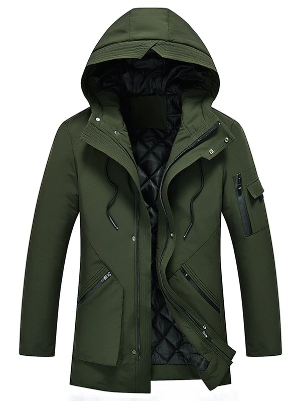 Zip Spliced 3D Pocket Embellish Hooded Padded Coat