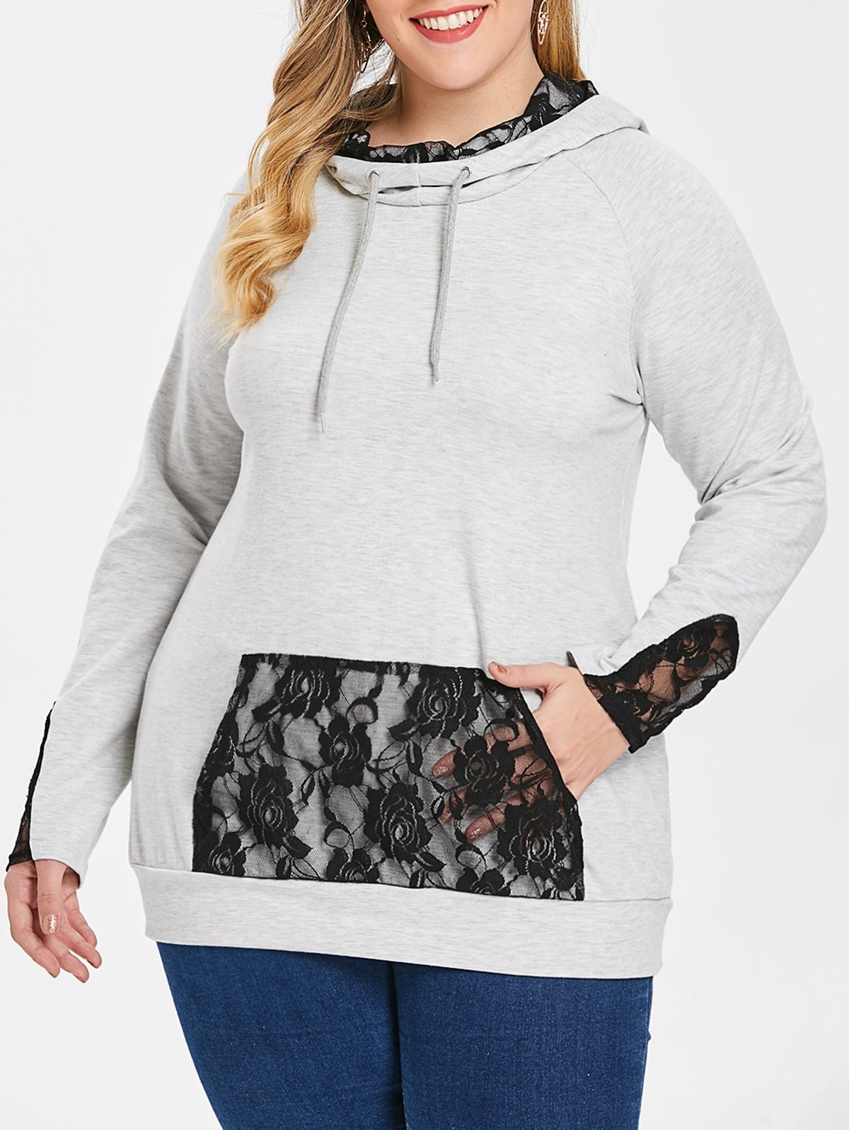 Plus Size Kangaroo Poket Lace Hoodie