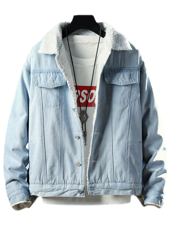 Fluffy Faux Fur Button Fly Denim Jacket