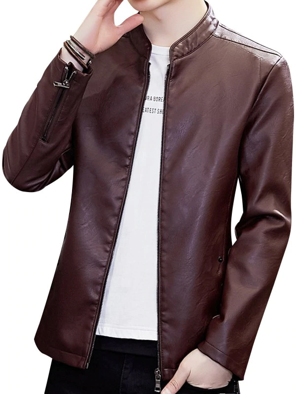 Stand Collar Zipper Faux Leather Jacket