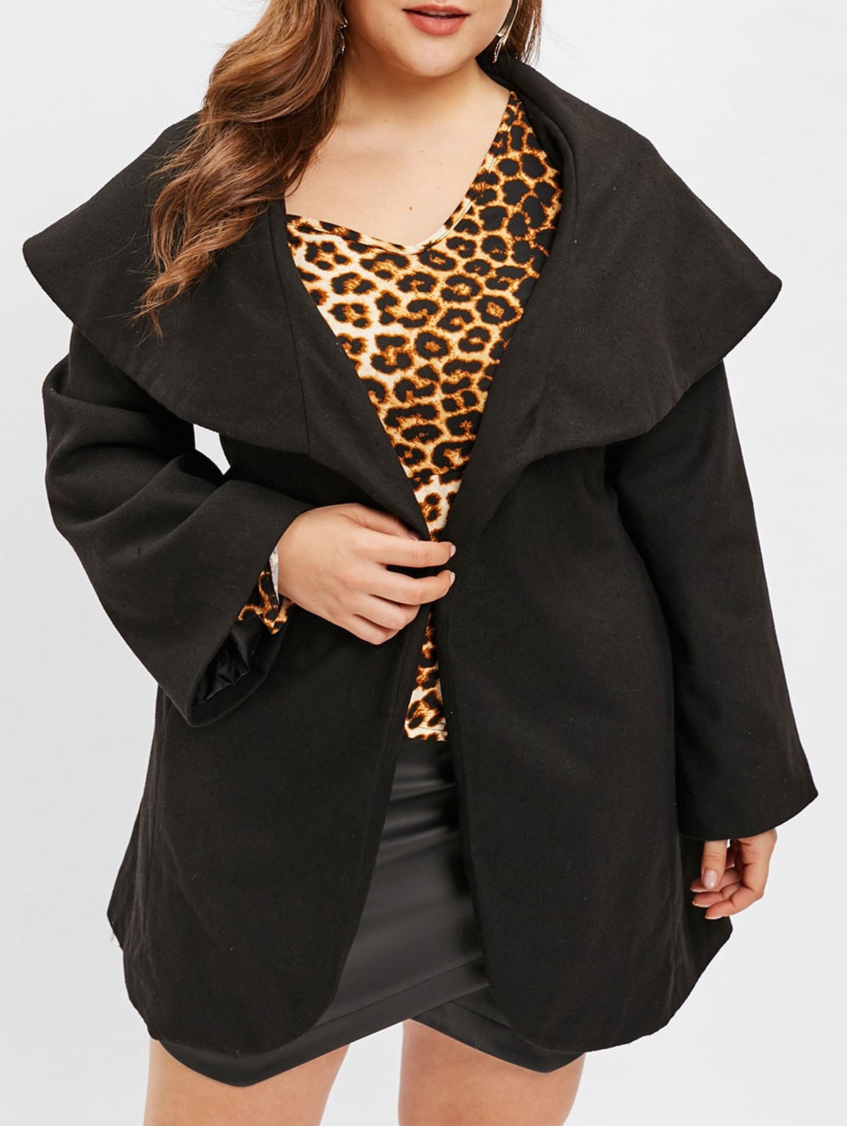 Plus Size Turn Down Collar Belted Coat