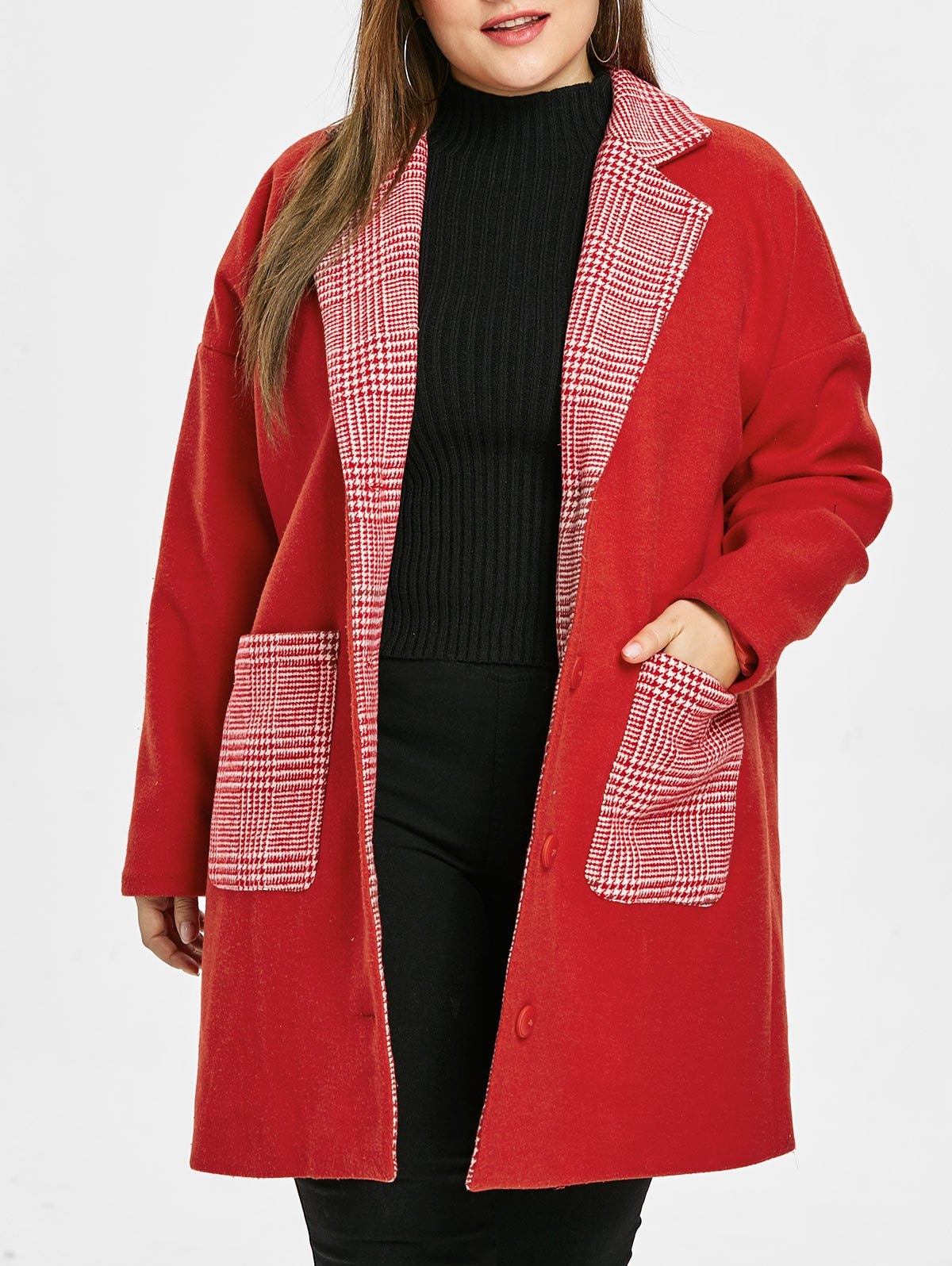 Plus Size Plaid Pockets Christmas Coat