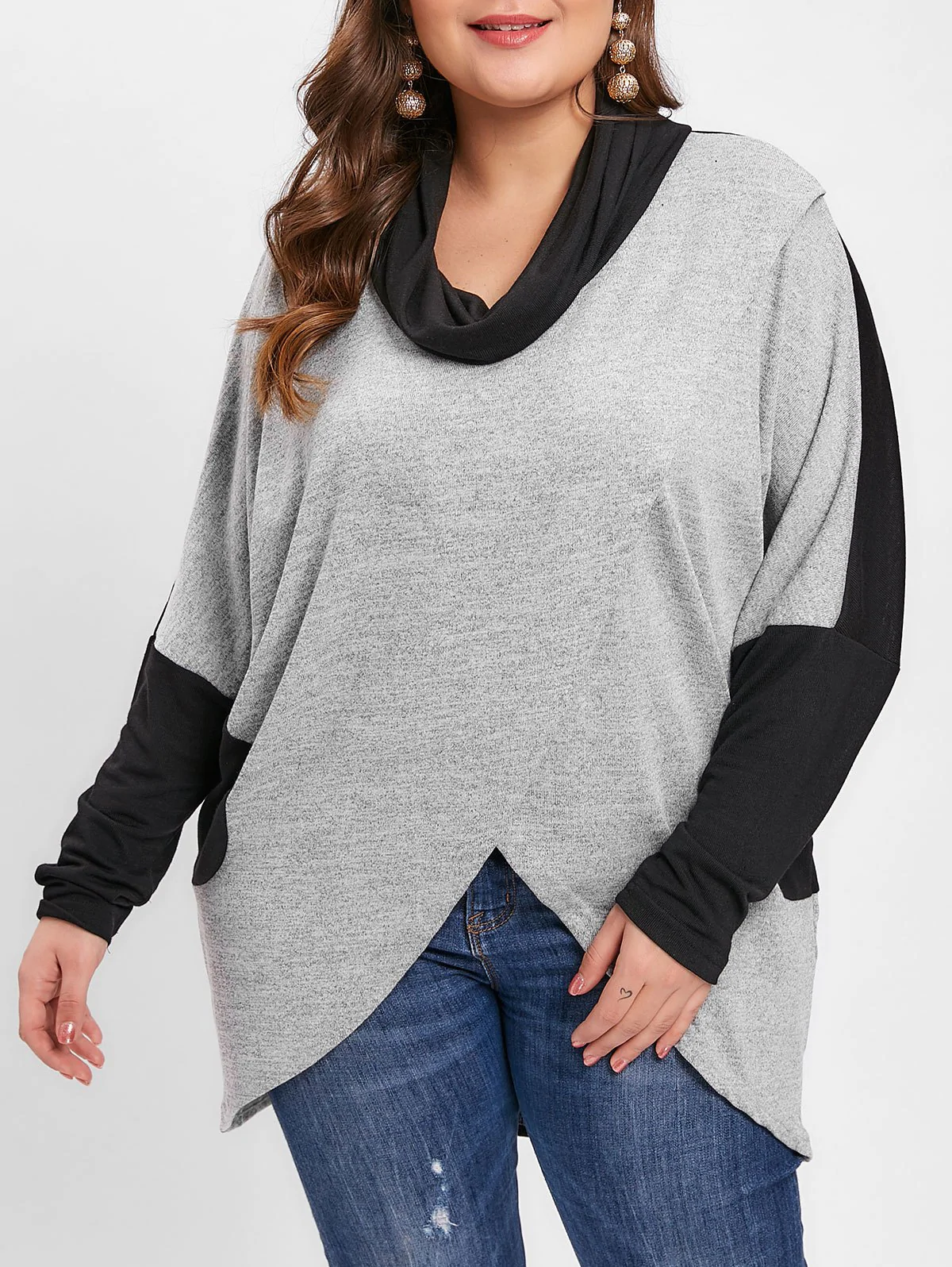 Plus Size Cowl Neck Drop Shoulder Color Block Slit Long Top