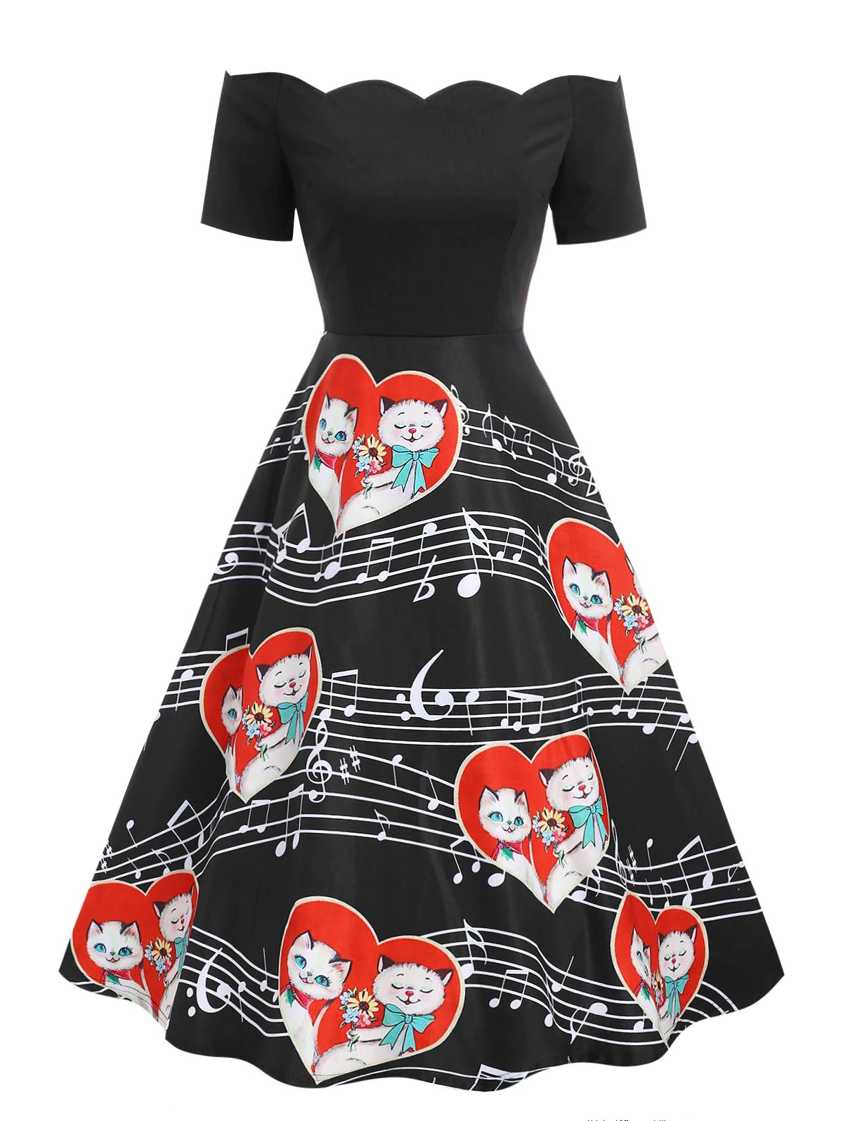 Valentines Day Cats Couple Print Vintage Dress