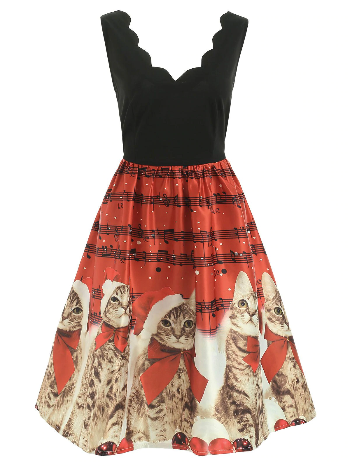 Christmas Cats Musical Notes Print Sleeveless Dress