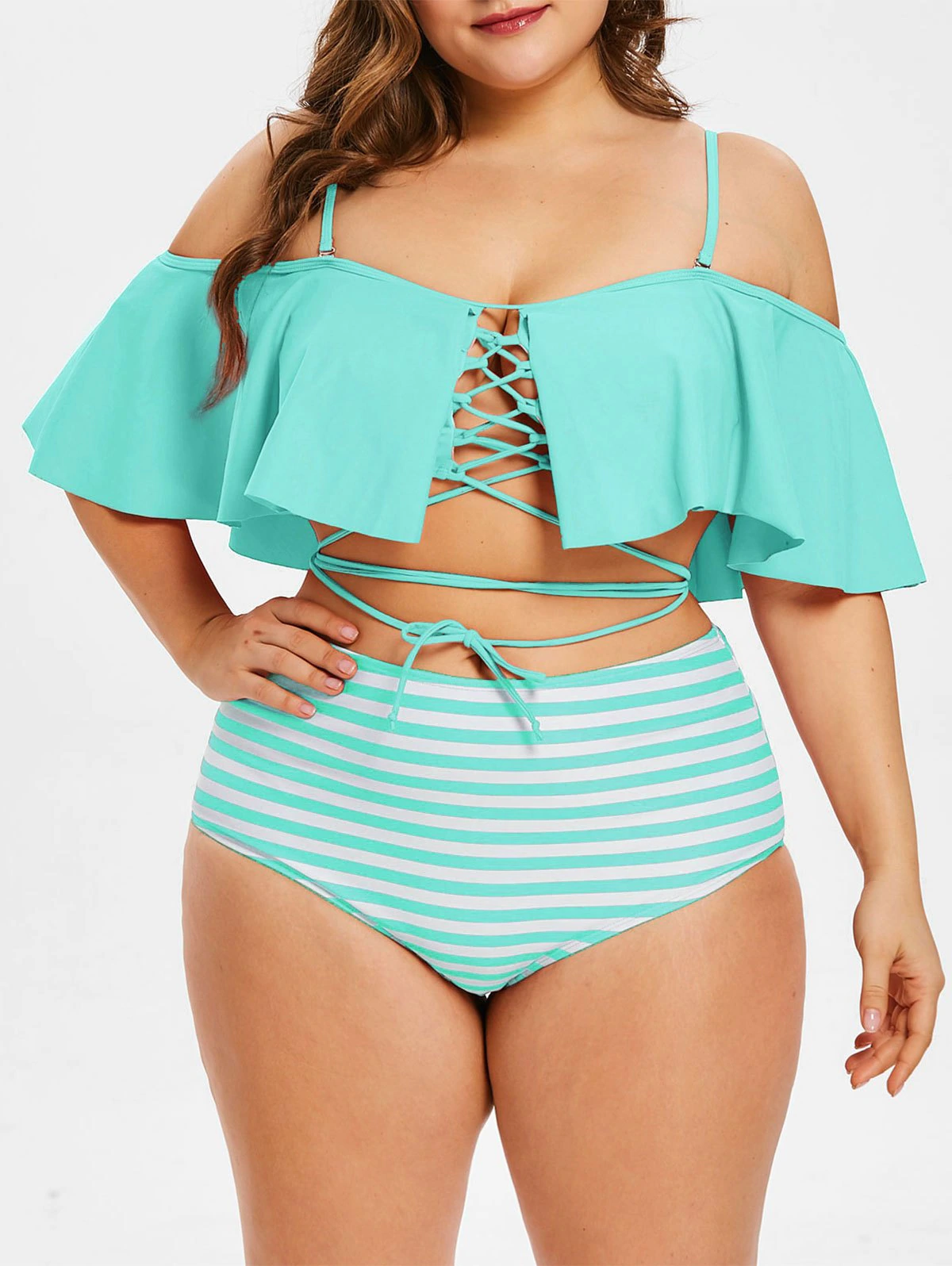 Plus Size Lace Up Striped Panel Bikini Set